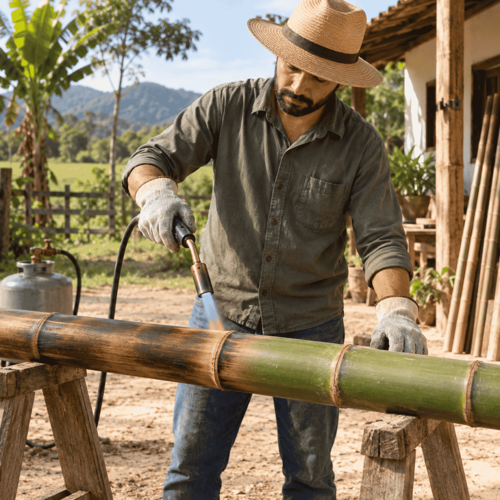 Tratamento de bambu por fogo