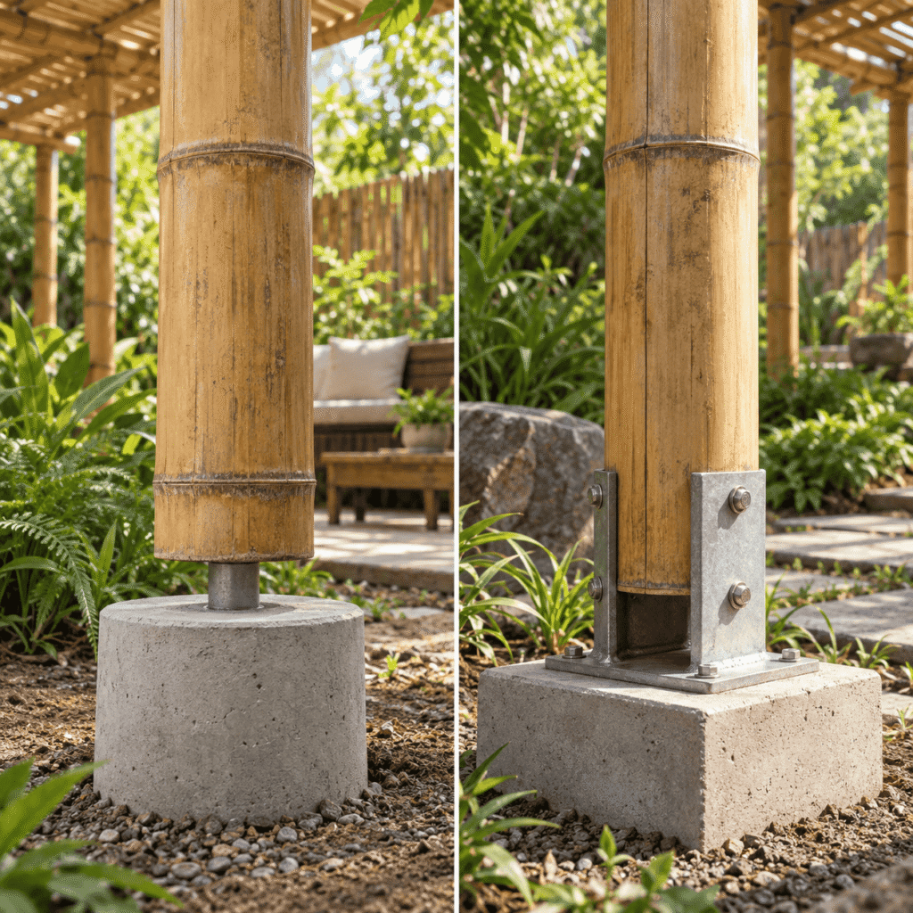 Pilar de bambu com base afastada do solo